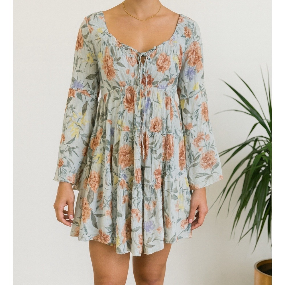 Blue B Floral Dress Sz L Fairy Ethereal Dainty Mini Milkmaid Tropic Beachy NWT